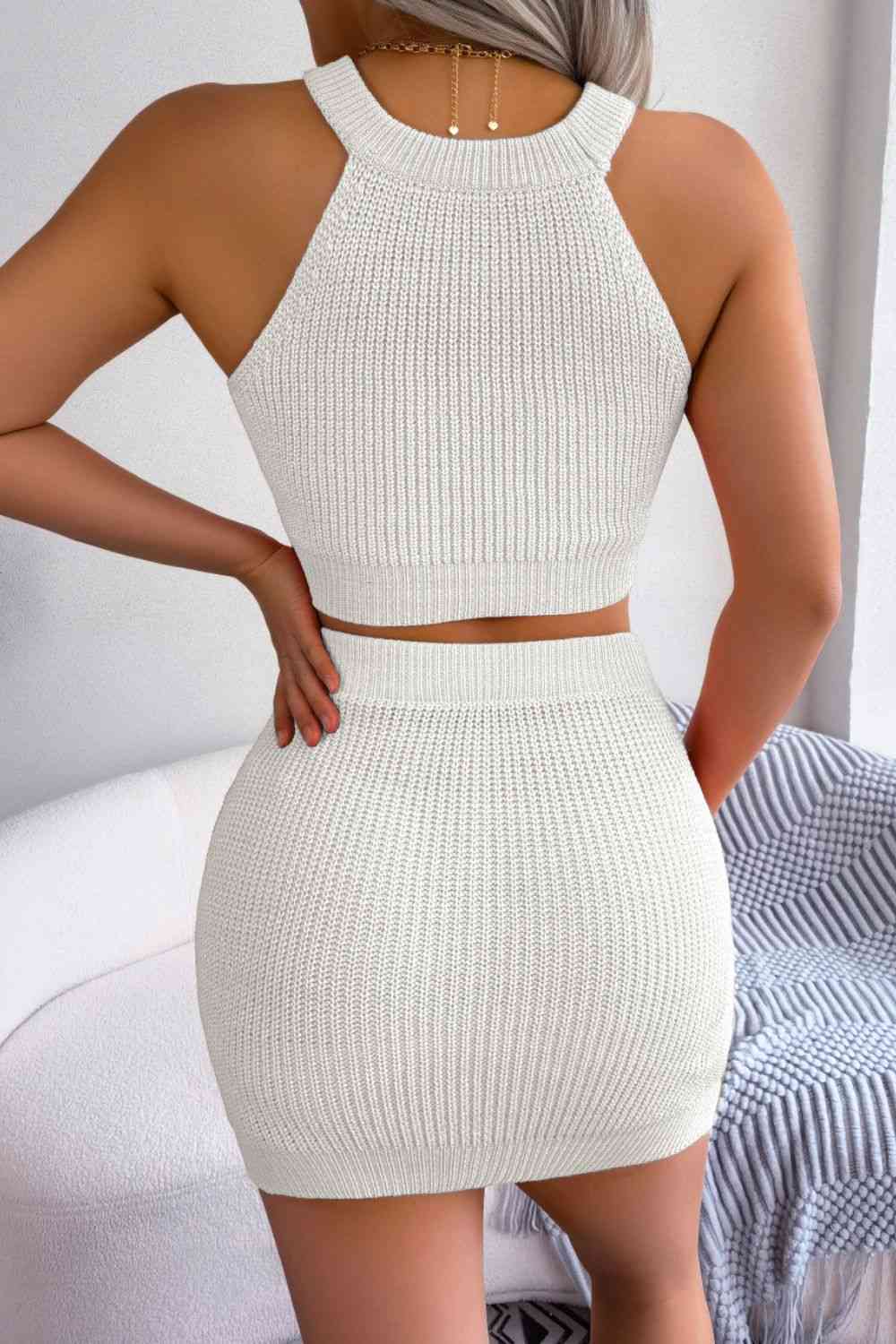Women's Contrast Ribbed Sleeveless Knit Top and Skirt Set