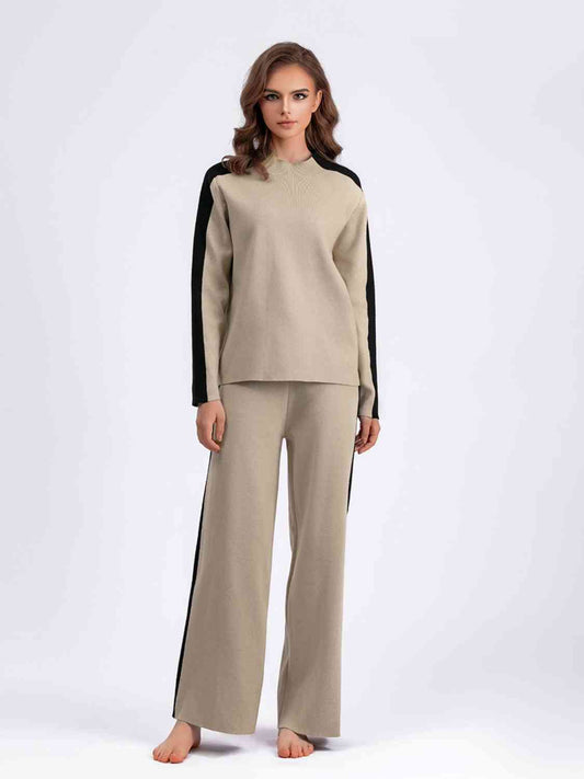 Women's Contrast Sweater and Knit Pants Set Beige One Size