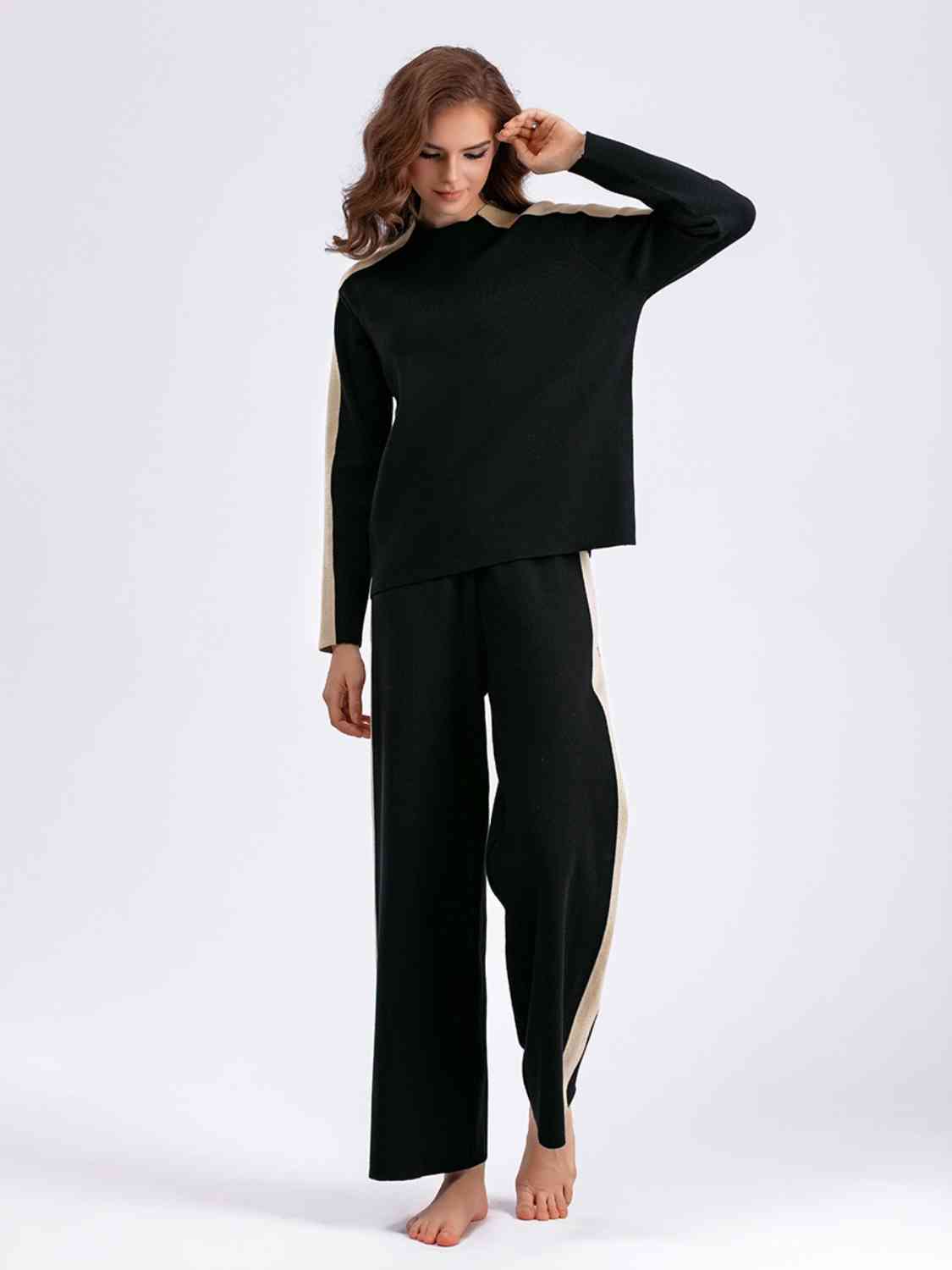 Women's Contrast Sweater and Knit Pants Set Black One Size