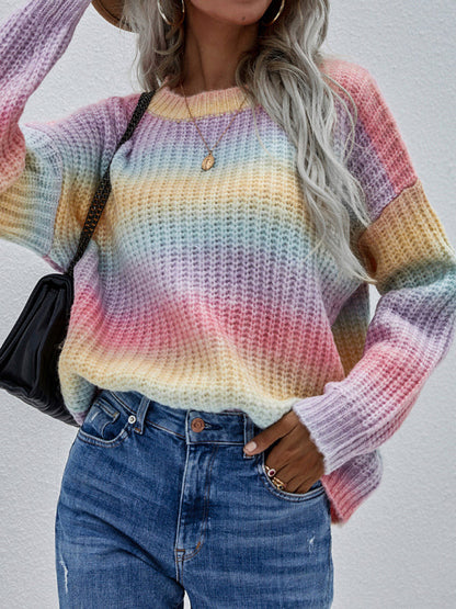 Women's Crewneck Pullover Print Striped Sweater