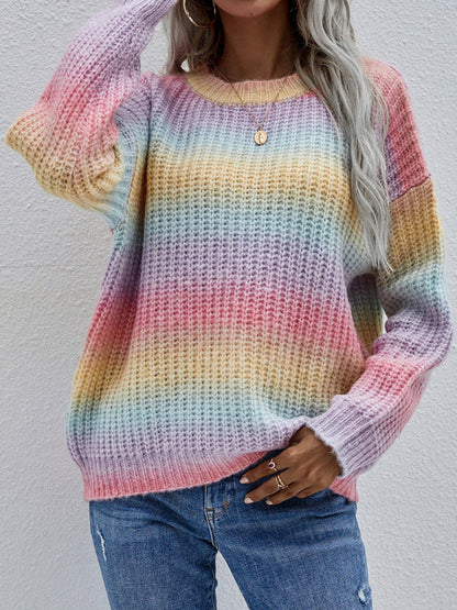 Women's Crewneck Pullover Print Striped Sweater Pink