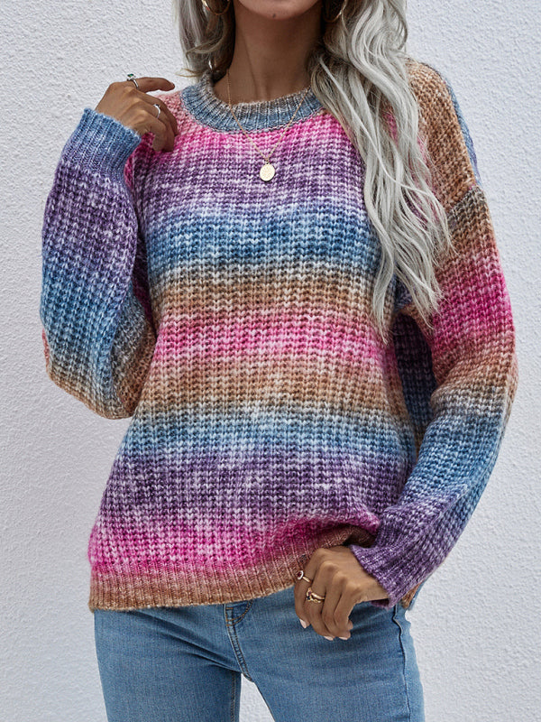 Women's Crewneck Pullover Print Striped Sweater Purple