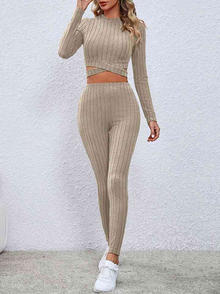 Women's Crisscross Knit Top and Leggings Set Beige