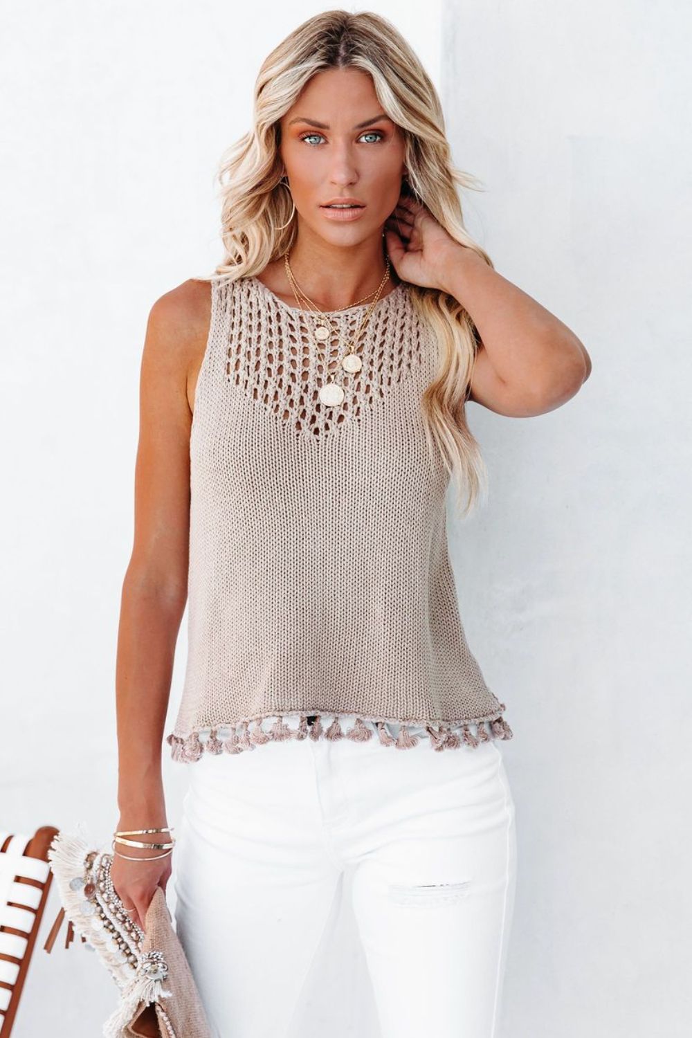 Women's Crochet Openwork Round Neck Top Dust Storm