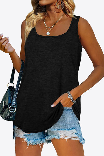 Women's Curved Hem Square Neck Tank Top Black