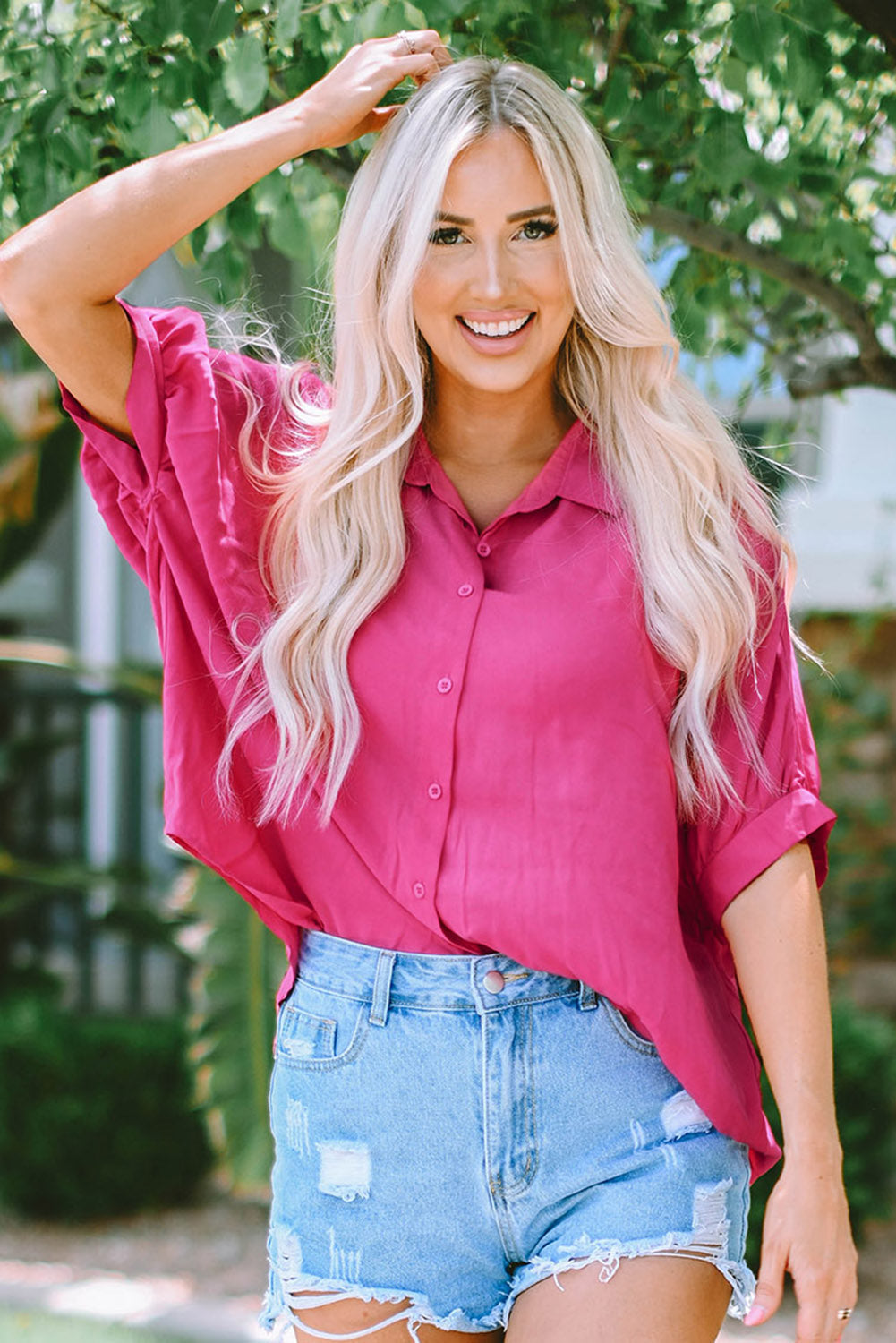 Women's Dolman Sleeve Collared Shirt Hot Pink