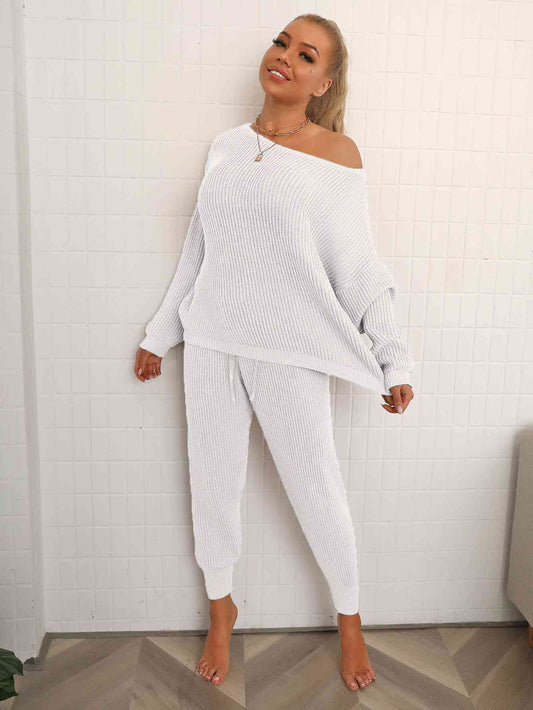 Women's Dolman Sleeve Sweater and Knit Pants Set White