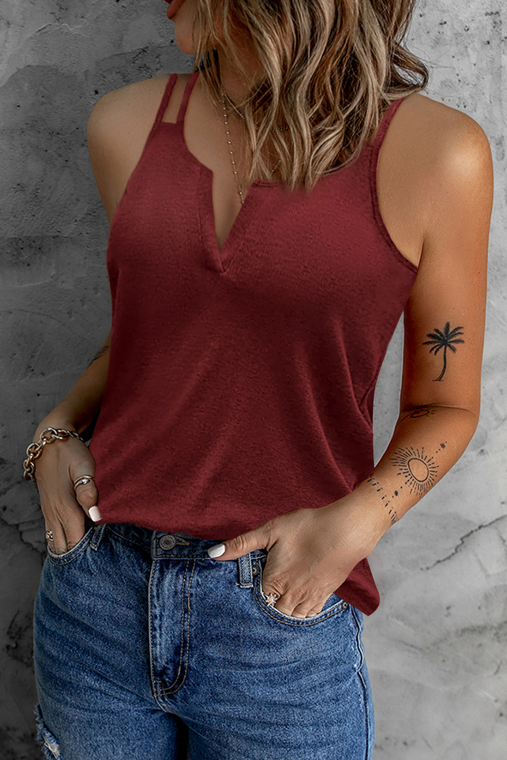 Women's Double-Strap Notched Neck Tank Top Wine