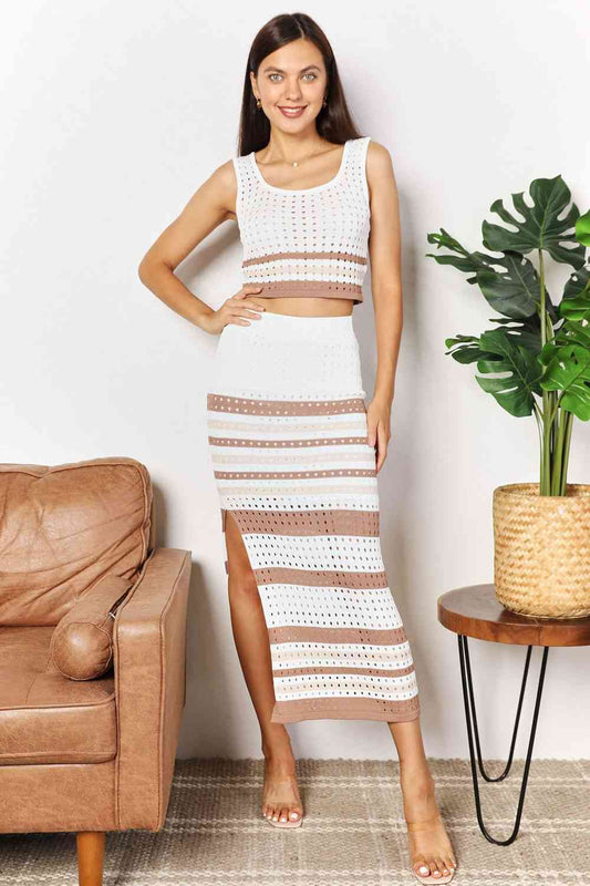 Women's Double Take Striped Openwork Cropped Tank and Split Skirt Set Taupe