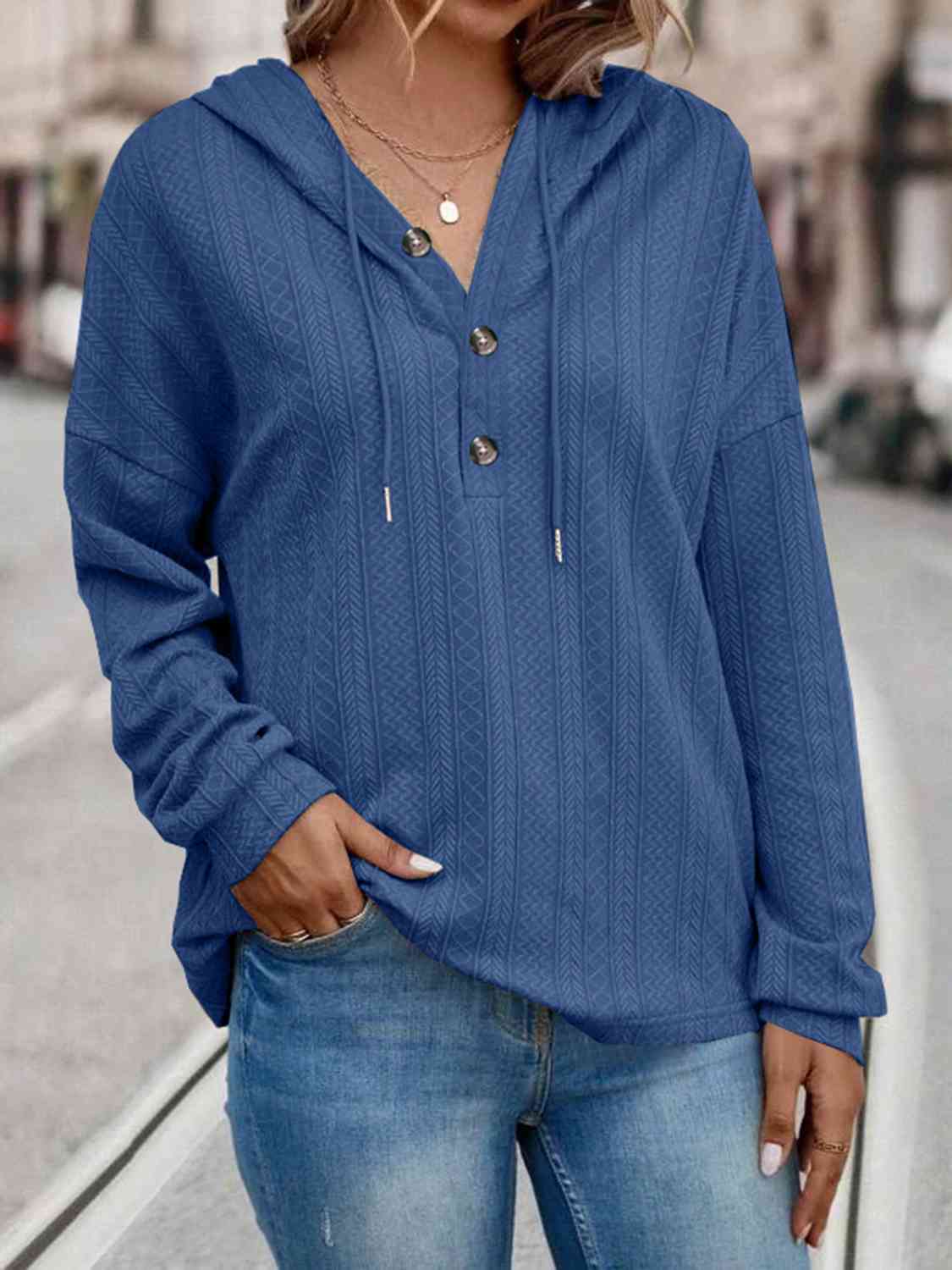 Women's Drawstring Buttoned Drop Shoulder Hoodie