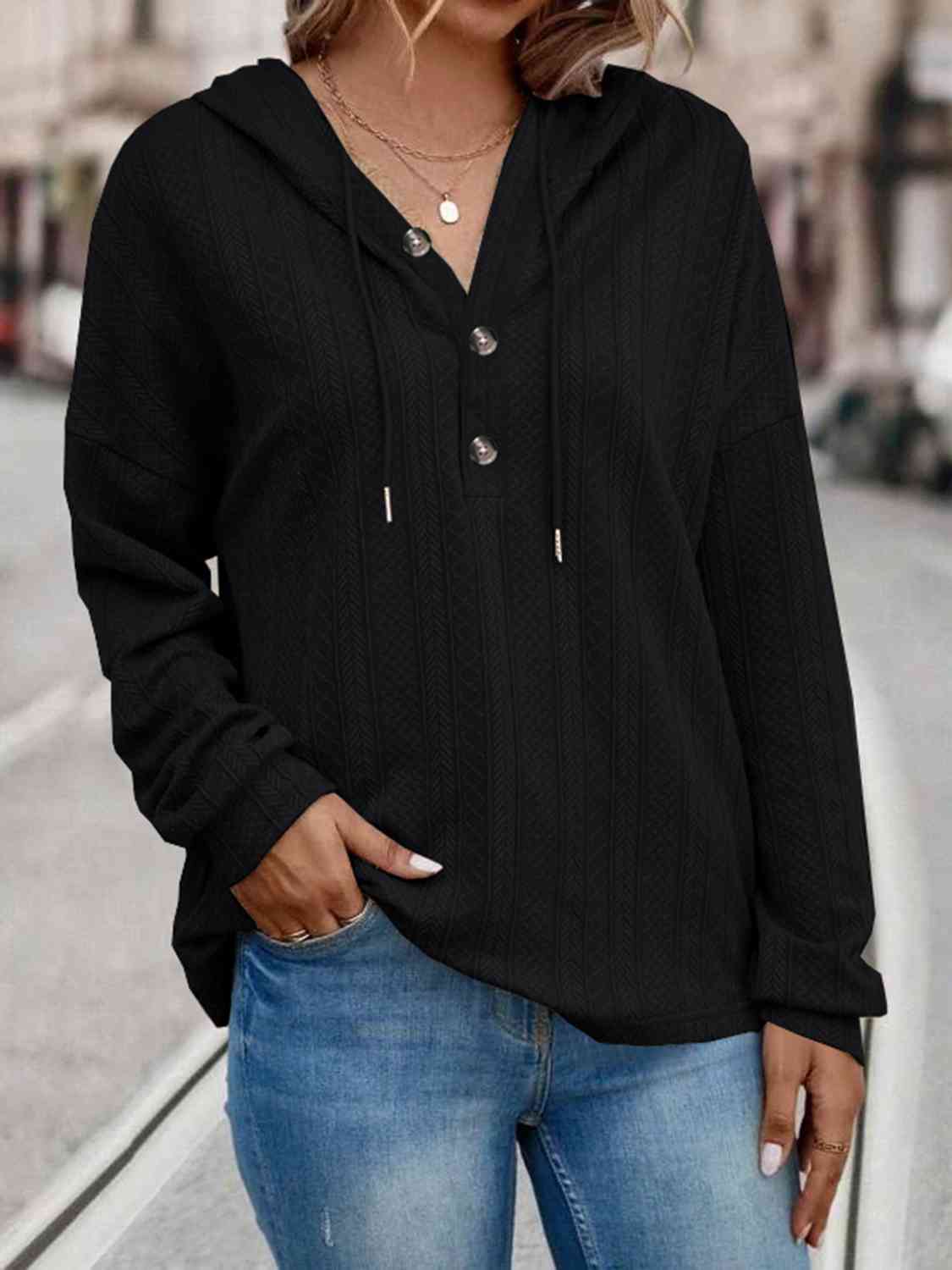 Women's Drawstring Buttoned Drop Shoulder Hoodie