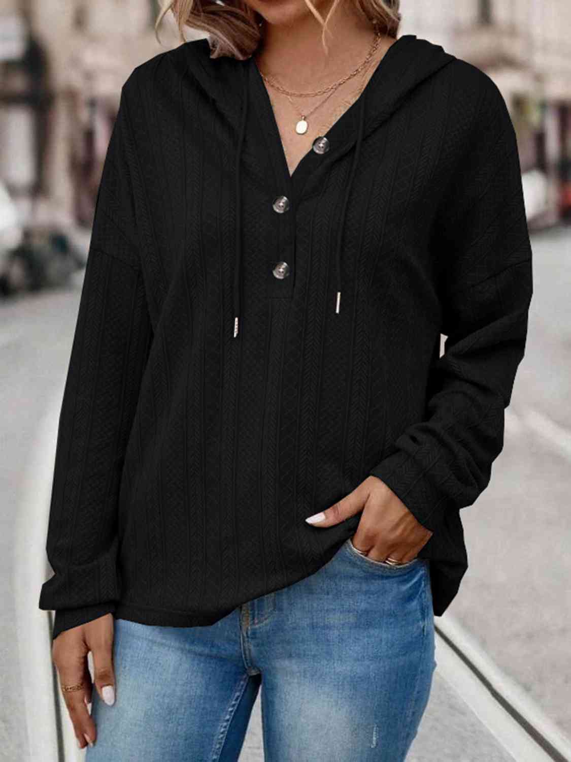 Women's Drawstring Buttoned Drop Shoulder Hoodie Black