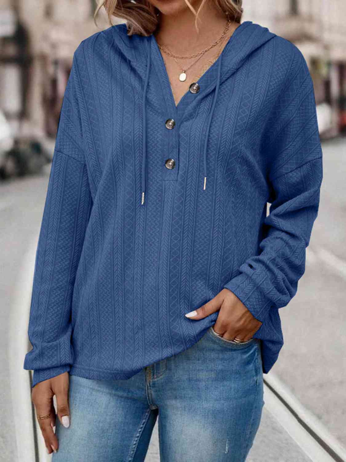 Women's Drawstring Buttoned Drop Shoulder Hoodie Sky Blue