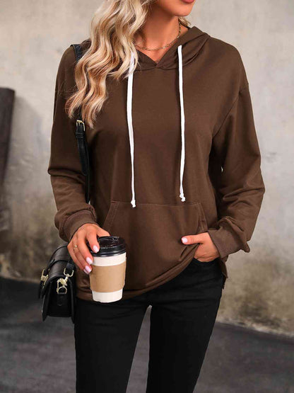 Women's Drawstring Slit Hoodie with Pocket