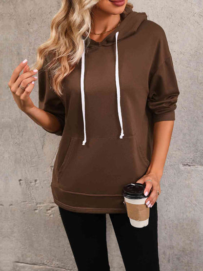 Women's Drawstring Slit Hoodie with Pocket