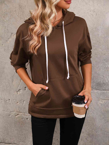 Women's Drawstring Slit Hoodie with Pocket Chestnut