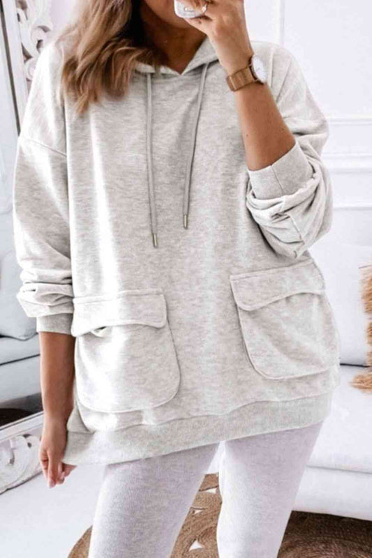 Women's Drop Shoulder Drawstring Hoodie with Pockets Light Gray