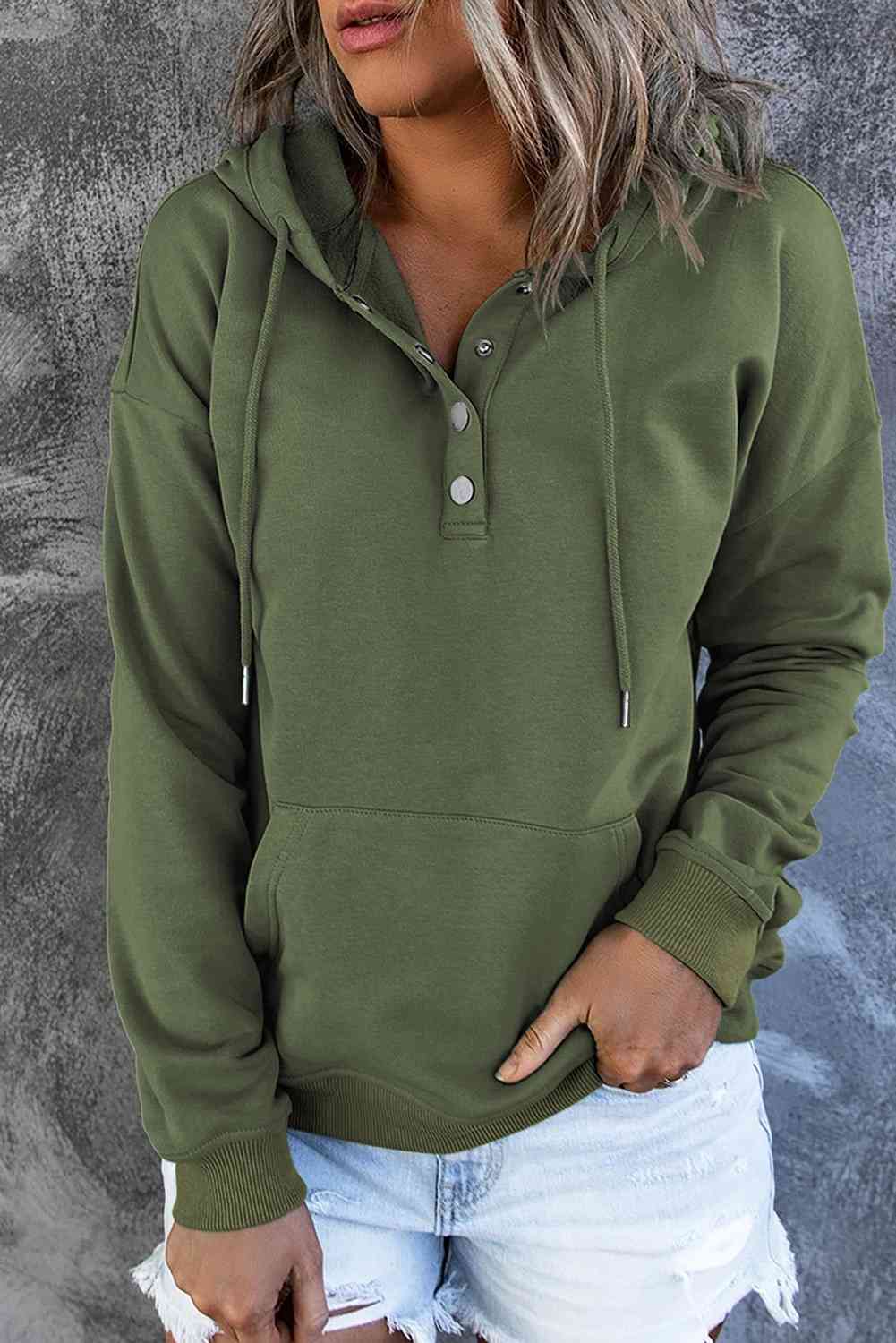 Women's Dropped Shoulder Long Sleeve Hoodie with Pocket Matcha Green