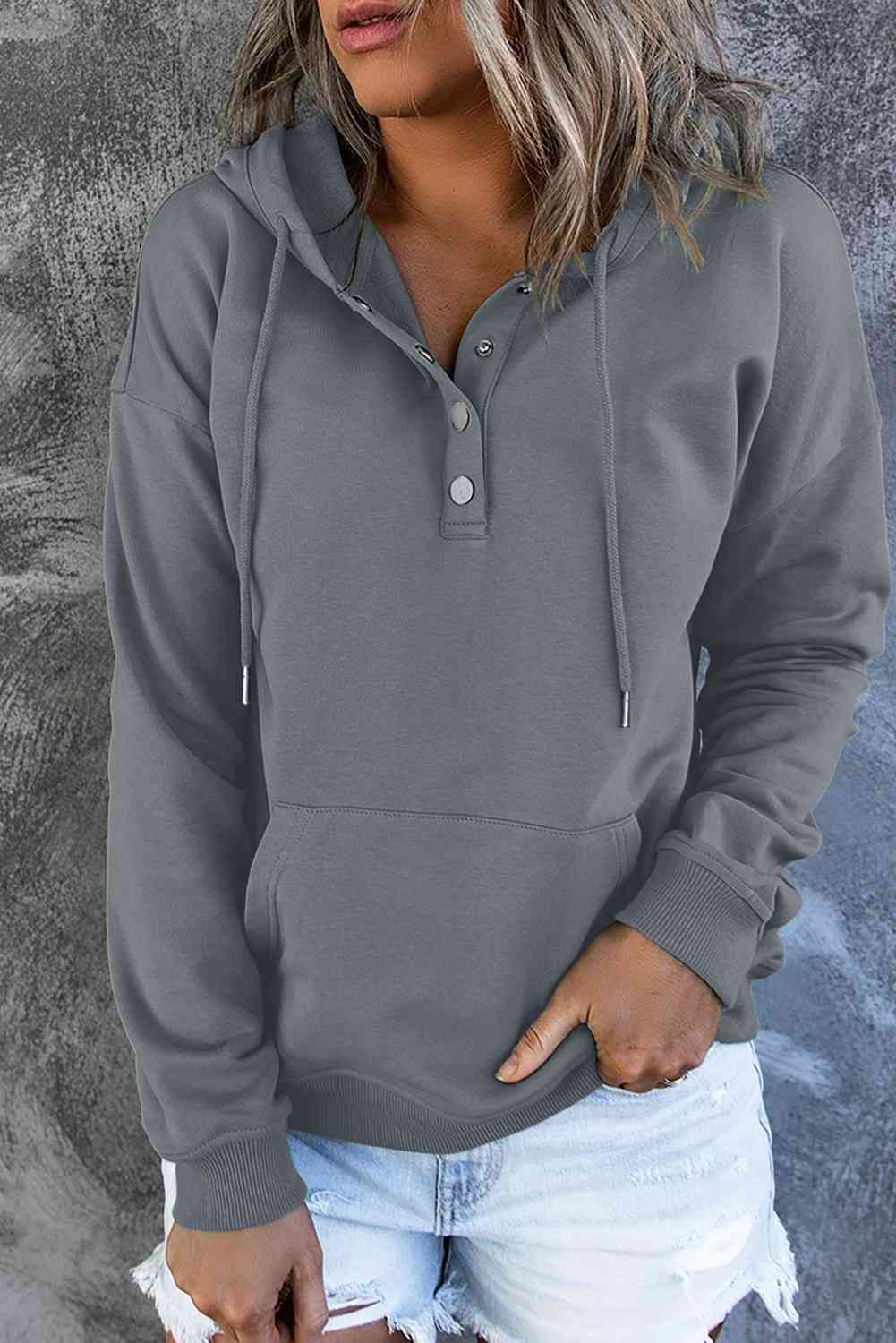 Women's Dropped Shoulder Long Sleeve Hoodie with Pocket Charcoal