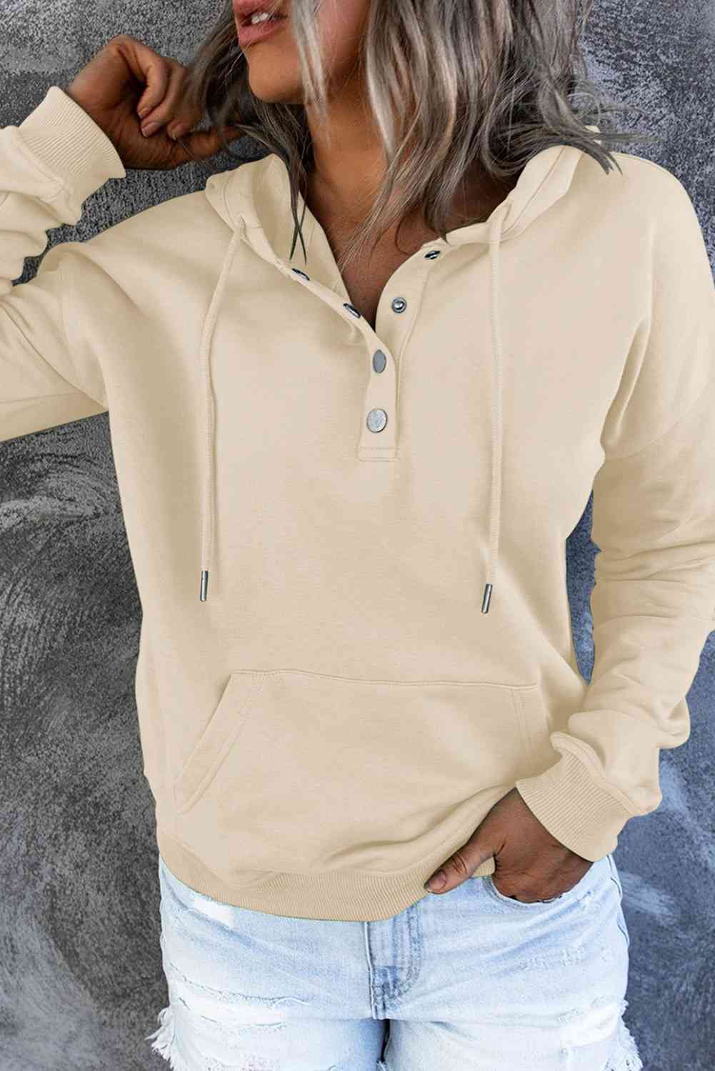 Women's Dropped Shoulder Long Sleeve Hoodie with Pocket Cream