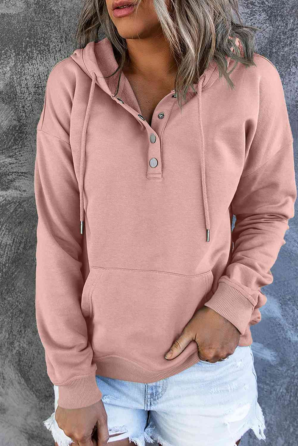 Women's Dropped Shoulder Long Sleeve Hoodie with Pocket Peach