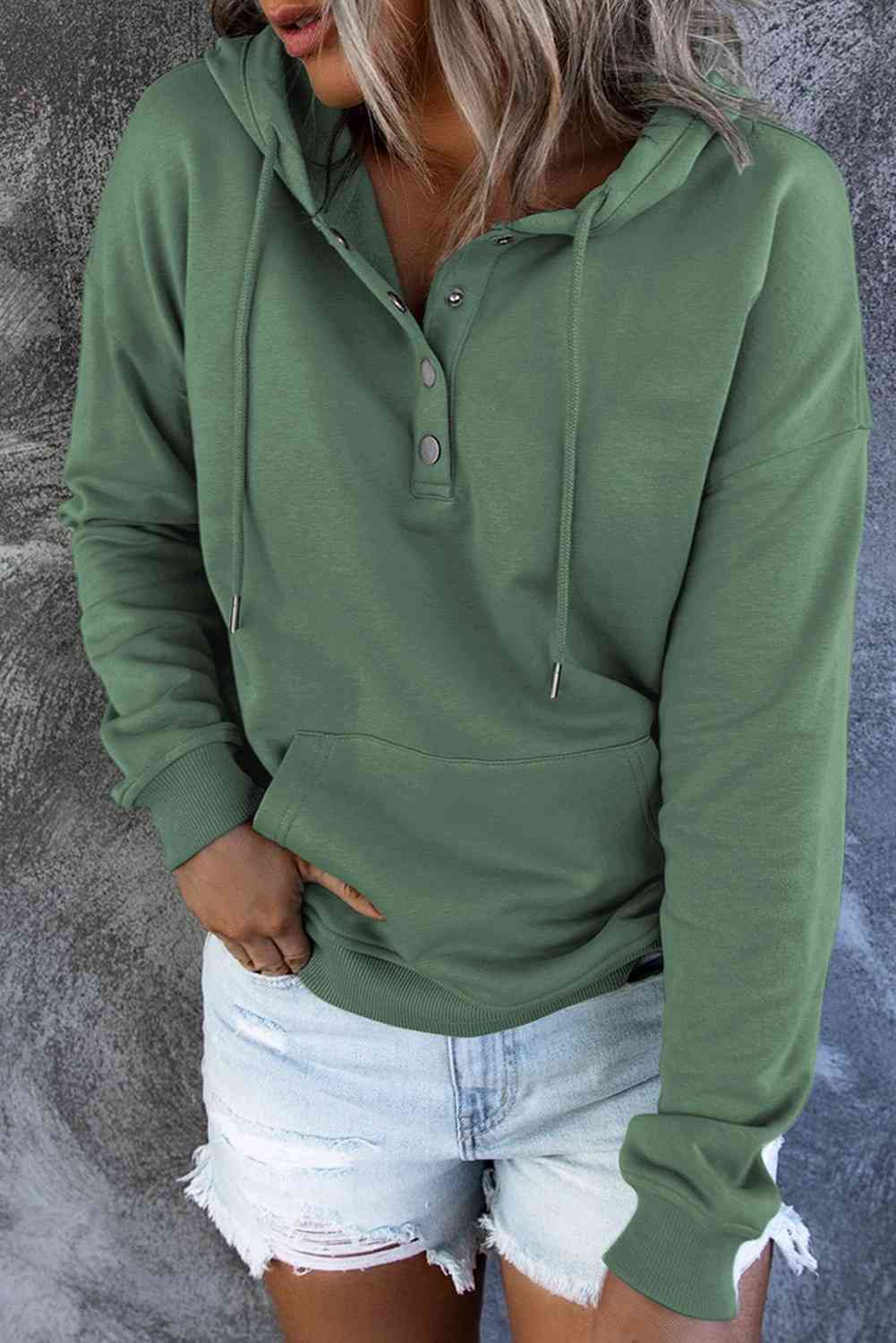 Women's Dropped Shoulder Long Sleeve Hoodie with Pocket Mid Green