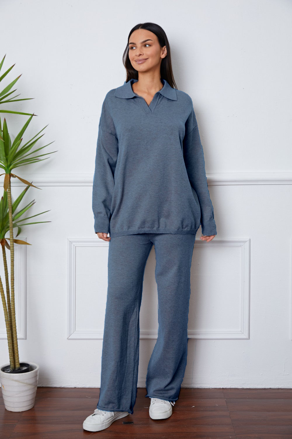 Women's Dropped Shoulder Sweater and Long Pants Set French Blue One Size