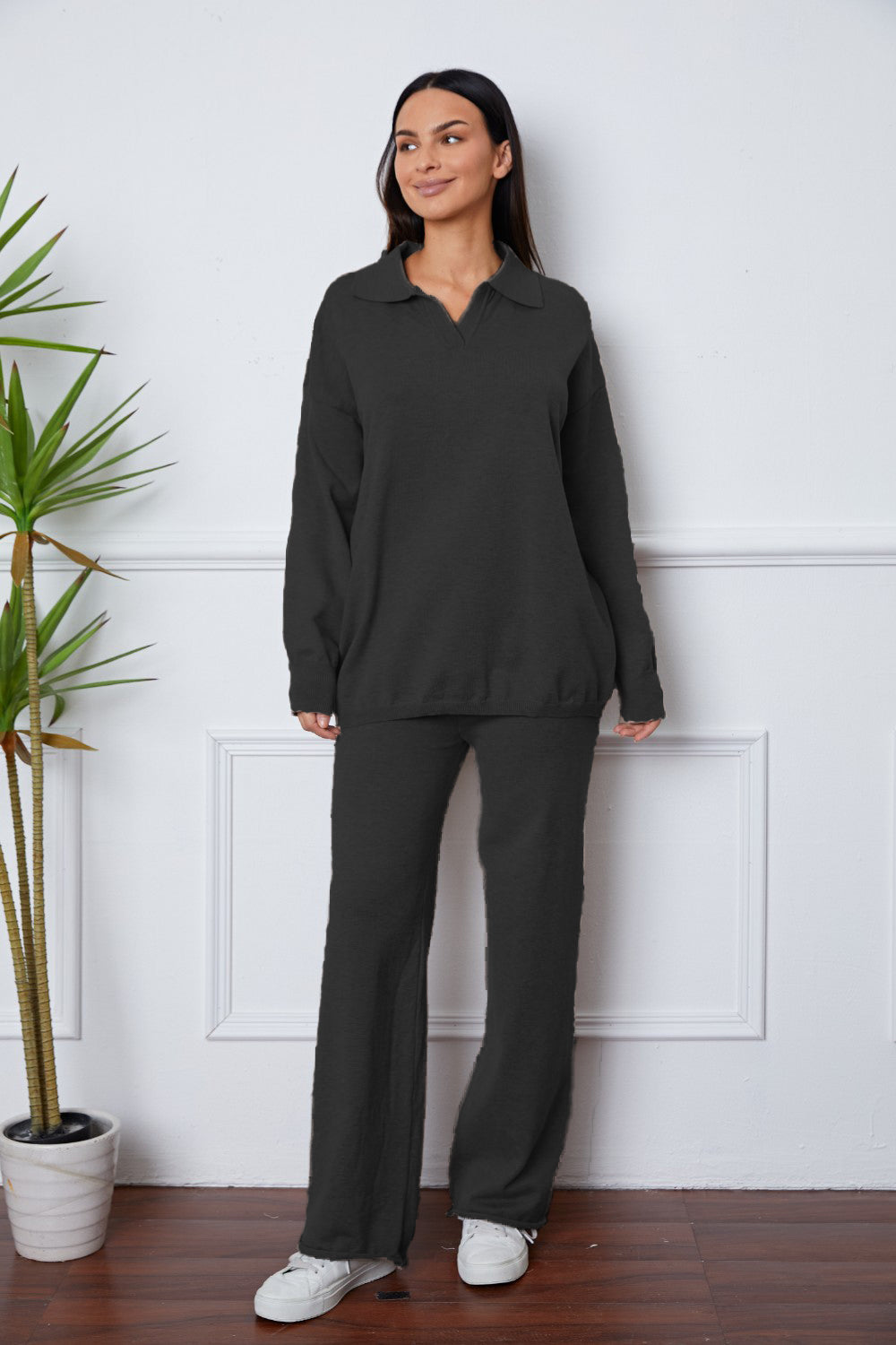 Women's Dropped Shoulder Sweater and Long Pants Set Black One Size