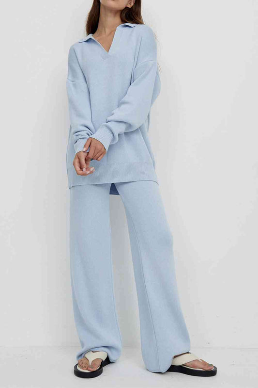 Women's Dropped Shoulder Sweater and Long Pants Set Misty Blue One Size