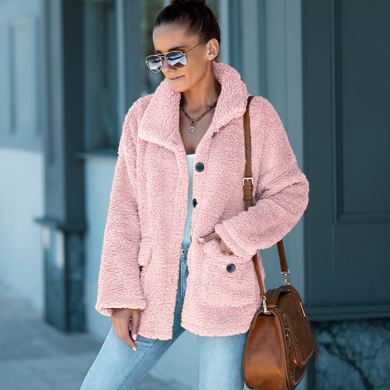 Women's Dropped Sleeve Lapel Fleece Jacket Pink