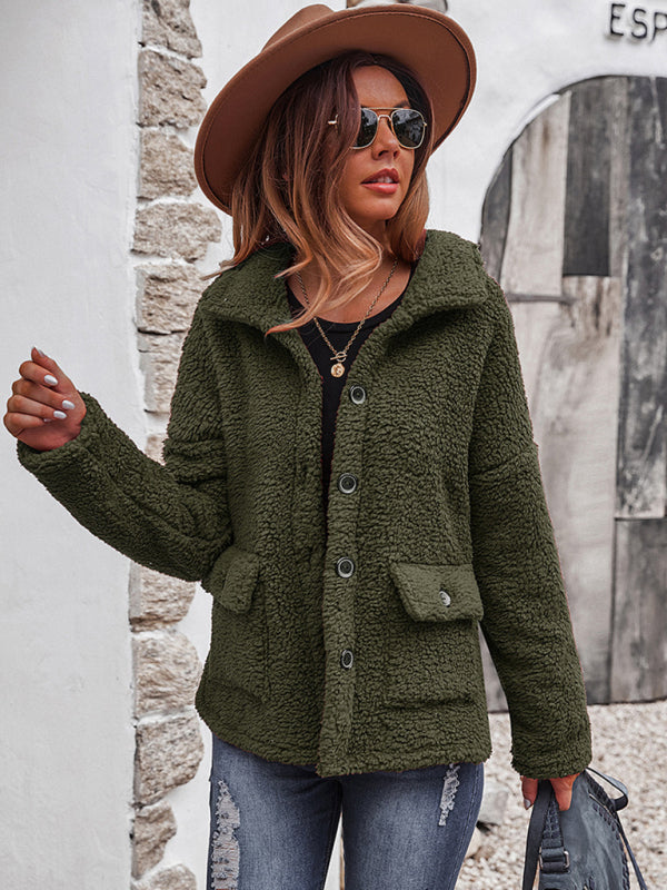 Women's Dropped Sleeve Lapel Fleece Jacket Olive green