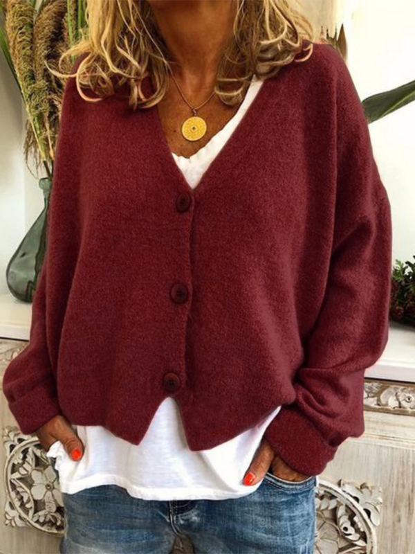Women's Fashion Loose Sweater Cardigan Wine Red