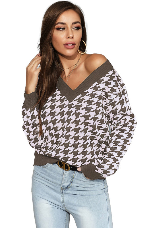 Women's Fashion Trend Houndstooth Sweater Coffee