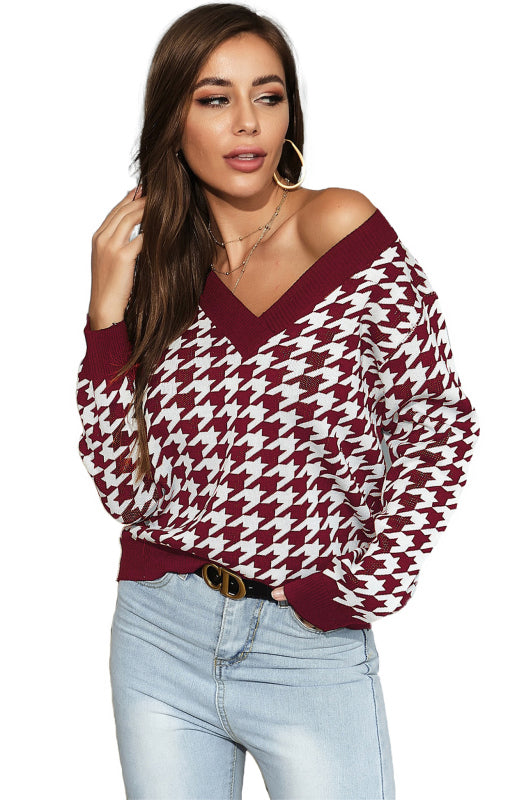Women's Fashion Trend Houndstooth Sweater Wine Red