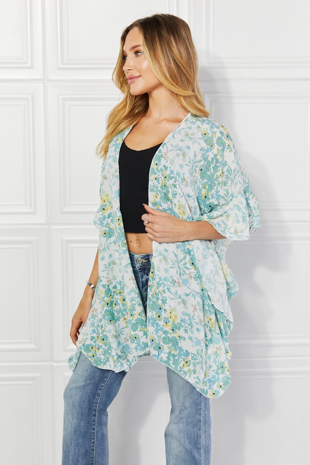 Women's Fields of Poppy Floral Kimono in Green