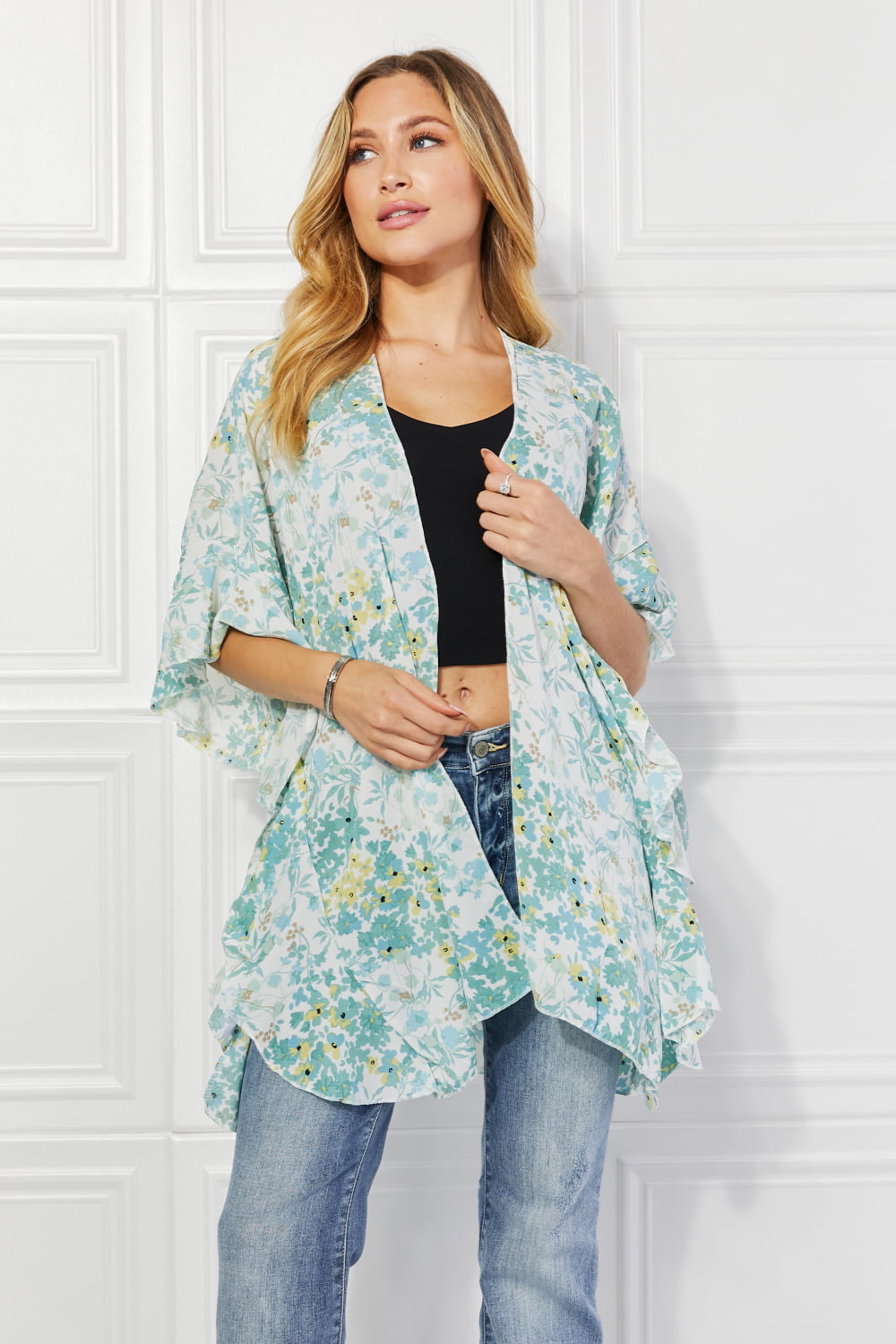 Women's Fields of Poppy Floral Kimono in Green