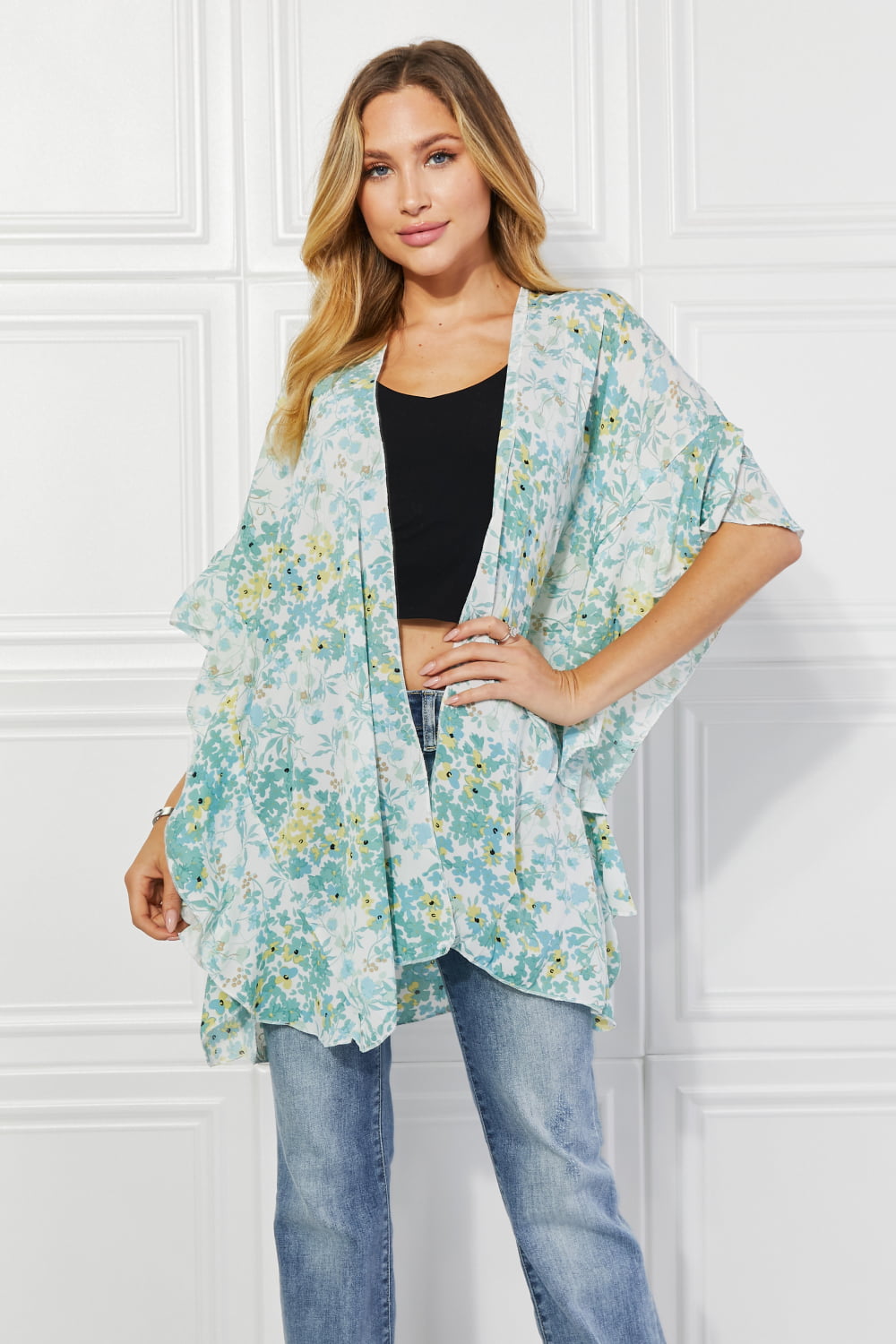 Women's Fields of Poppy Floral Kimono in Green