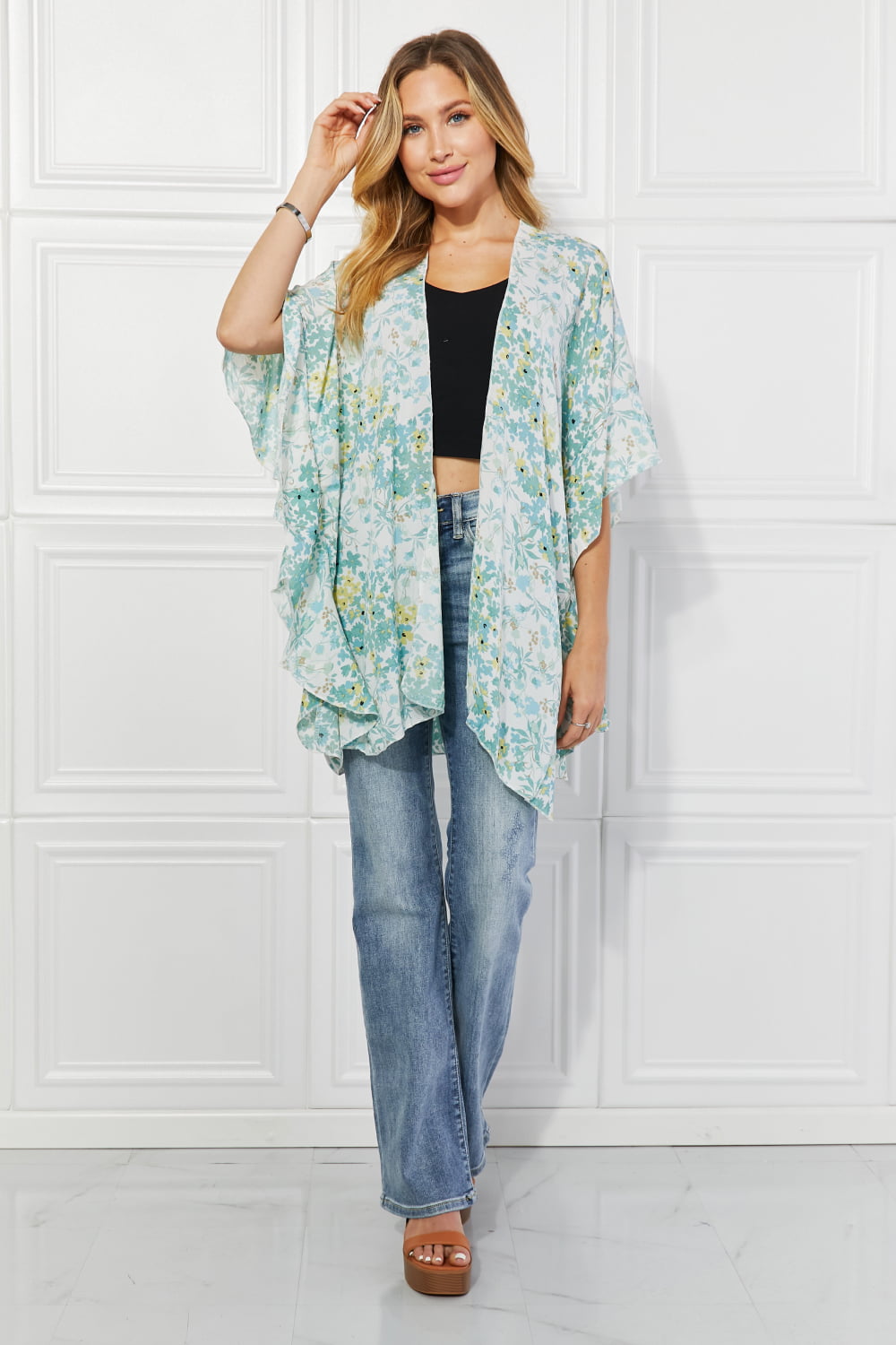 Women's Fields of Poppy Floral Kimono in Green