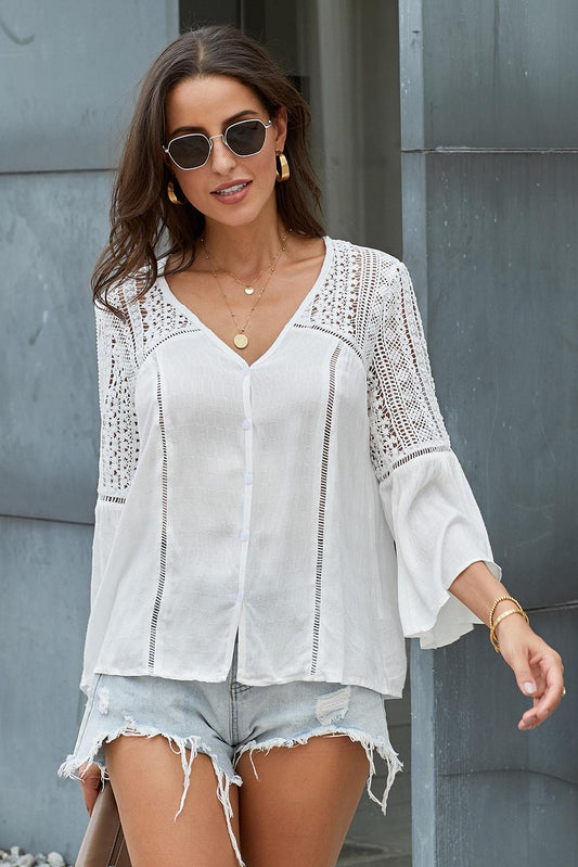 Women's Flare Sleeve Spliced Lace V-Neck Top White