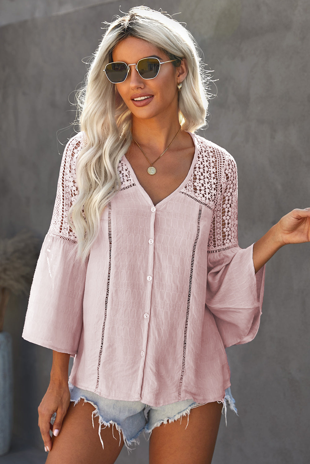 Women's Flare Sleeve Spliced Lace V-Neck Top Blush Pink