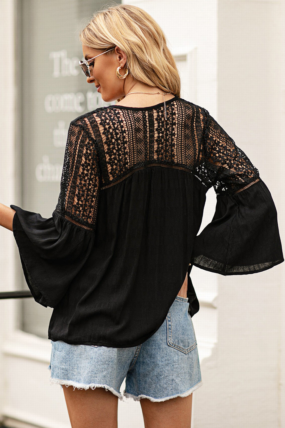 Women's Flare Sleeve Spliced Lace V-Neck Top