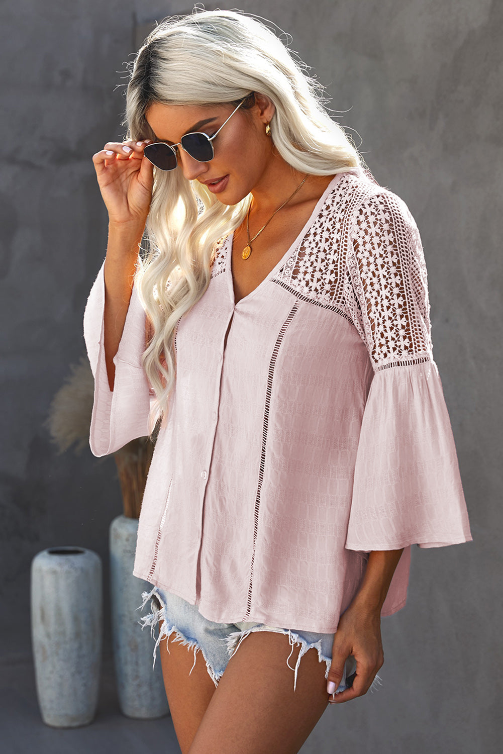 Women's Flare Sleeve Spliced Lace V-Neck Top