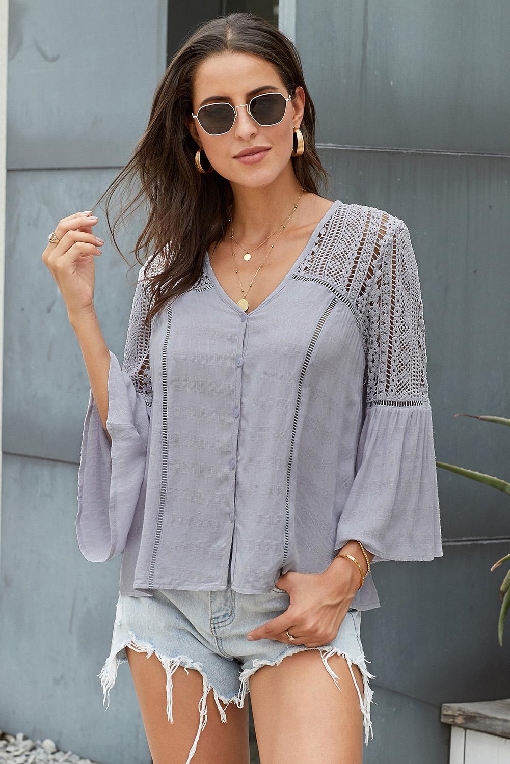 Women's Flare Sleeve Spliced Lace V-Neck Top Gray Dawn
