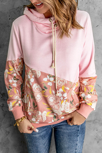 Women's Floral Color Block Drawstring Hoodie with Pockets