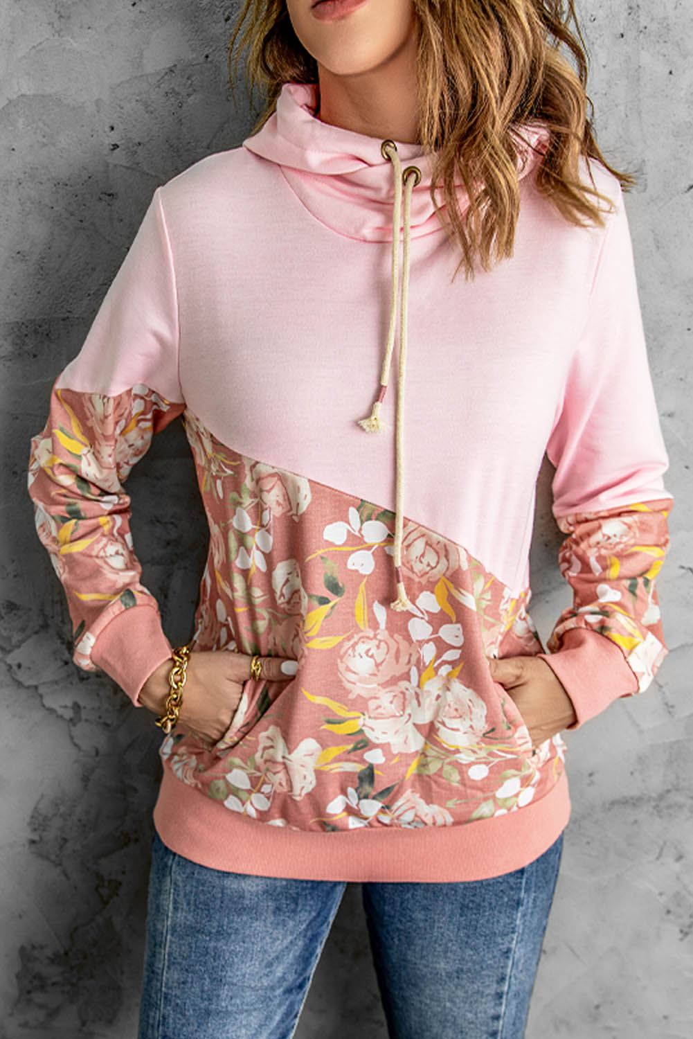 Women's Floral Color Block Drawstring Hoodie with Pockets