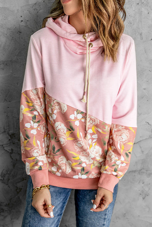 Women's Floral Color Block Drawstring Hoodie with Pockets Blush Pink