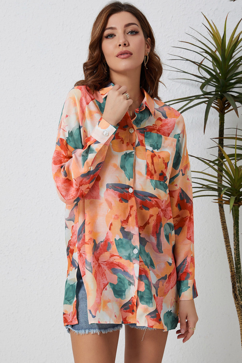 Women's Floral Long-Sleeve Slit Longline Blouse Floral