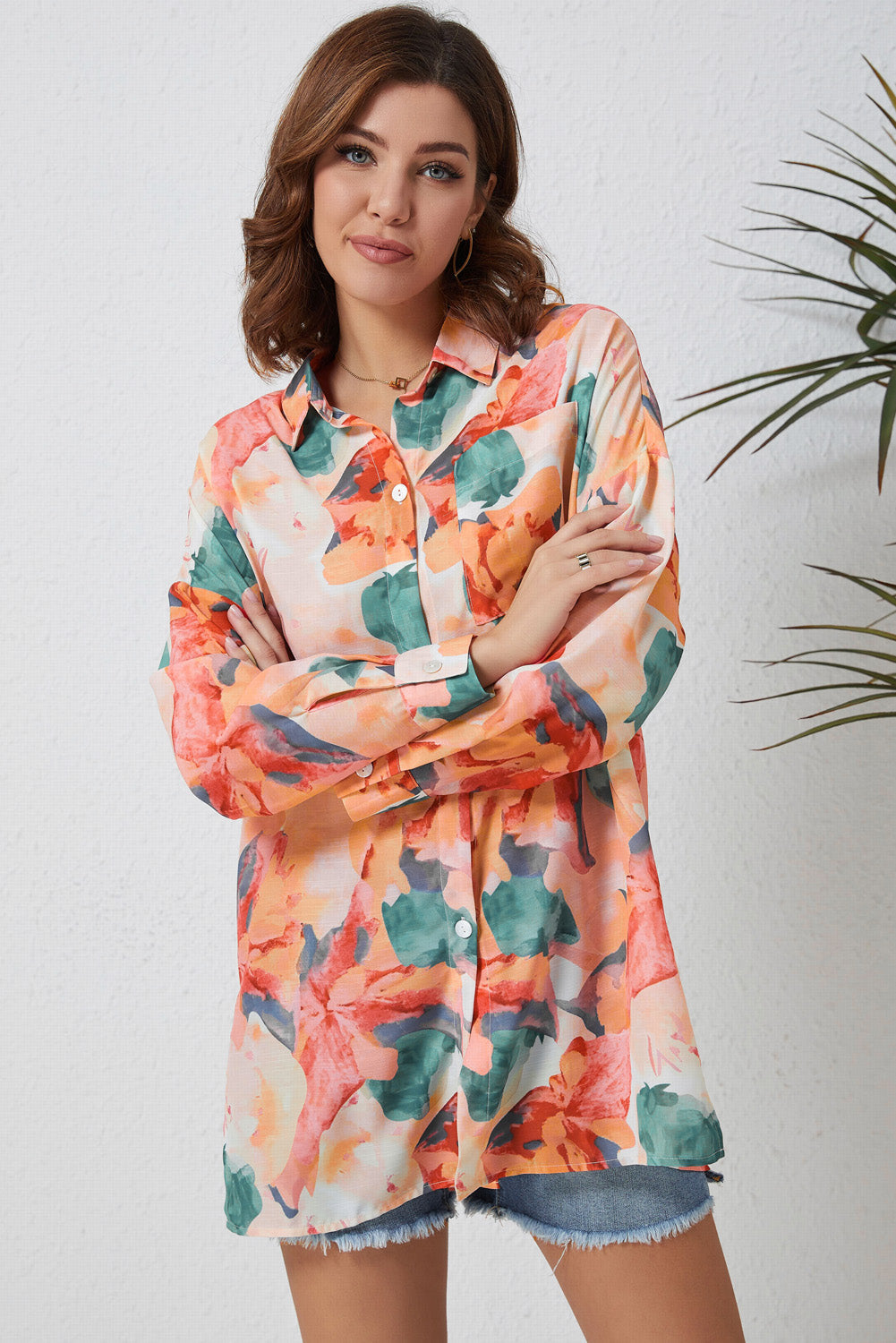 Women's Floral Long-Sleeve Slit Longline Blouse