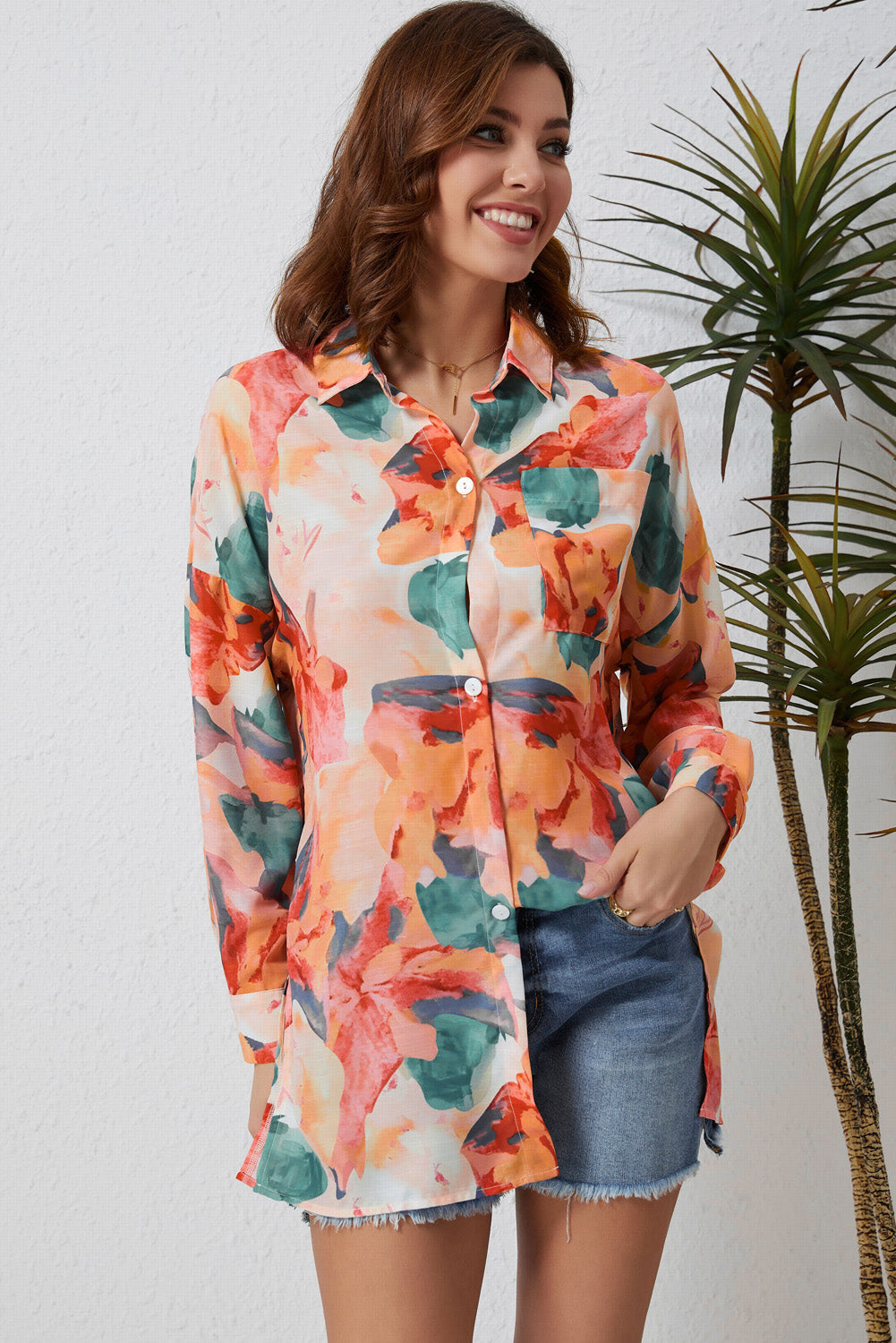 Women's Floral Long-Sleeve Slit Longline Blouse