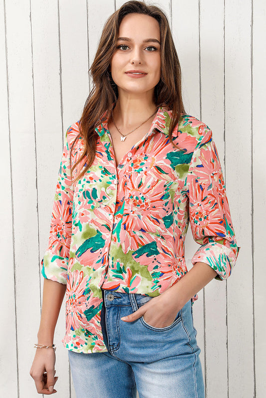 Women's Floral Print Button-Down Long-Sleeve Shirt Floral